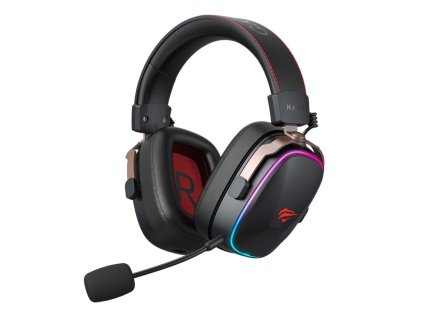 Havit - Bezdrôtové slúchadlá pre hranie, okolo uší, Bluetooth, mikrofón, LED, 1050mAh, USB‑C - čierne / okrové