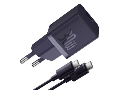 Baseus - Wall Charger sieťová nabíjačka (USB-C kábel v balení 1 m, GaN technológia, USB-C, rýchlonabíjanie, 30W) - fialová Midnight Purple