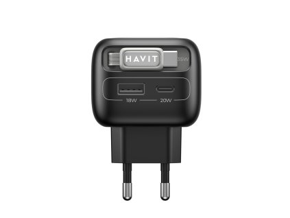 Havit - Wall Charger UC251 EU sieťová nabíjačka (USB-C výsuvný kábel, USB-C, USB, GaN technológia, 35W) - čierno-sivá