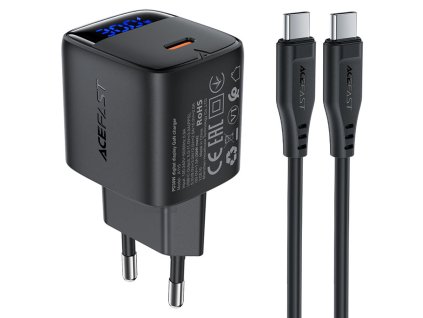 Acefast - Wall Charger A115 sieťová nabíjačka (digitálny displej, rýchlonabíjanie, GaN technológia, USB-C, PD30W, USB-C kábel 1.2 m) - čierna