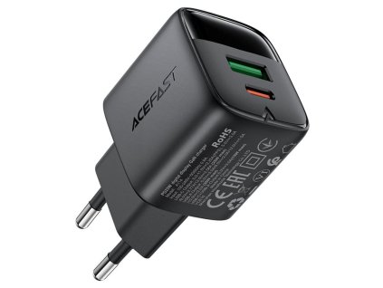 Acefast - Wall Charger A114 sieťová nabíjačka (digitálny displej, rýchlonabíjanie, GaN technológia, USB + USB-C, PD25W, 5V/3A) - čierna