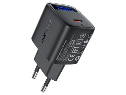 Acefast - Wall Charger A113 sieťová nabíjačka (digitálny displej, rýchlonabíjanie, GaN technológia, USB-C, PD20W) - čierna