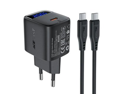 Acefast - Wall Charger A113 sieťová nabíjačka (digitálny displej, rýchlonabíjanie, GaN technológia, USB-C, PD20W, USB-C kábel 1 m) - čierna