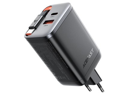 Acefast - Wall Charger A111 sieťová nabíjačka (výsuvný kábel, rýchlonabíjanie, GaN technológia, 2× USB-C, USB, 67W, 3A, 65 cm) - čierna