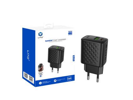 Lito - Wall Charger LC15 sieťová nabíjačka (USB-C + USB, PD20W, GaN technológia, nehorľavý PC materiál, EU vidlica) - čierna
