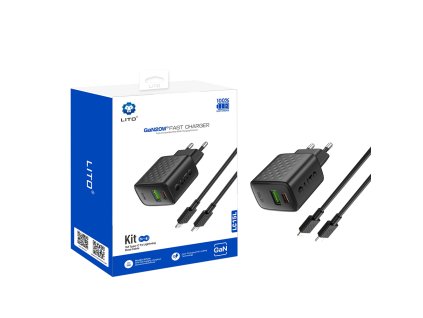 Lito - Wall Charger LC15L sieťová nabíjačka (Lightning kábel v balení, USB-C + USB, PD20W, GaN technológia, nehorľavý PC materiál, EU vidlica) - čierna