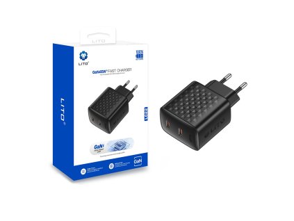 Lito - Wall Charger LC22 sieťová nabíjačka (2× USB-C výstup, PD45W, GaN technológia, nehorľavý PC materiál, EU vidlica) - čierna
