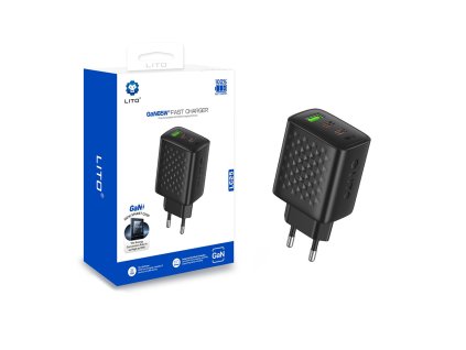Lito - Wall Charger LC25 sieťová nabíjačka (2× USB-C + USB, PD65W, GaN technológia, nehorľavý PC materiál, EU vidlica) - čierna