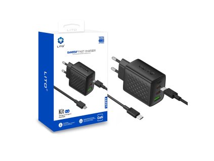 Lito - Wall Charger LC25T sieťová nabíjačka (USB-C kábel v balení, 2× USB-C + USB, PD65W, GaN technológia, nehorľavý PC materiál, EU vidlica) - čierna