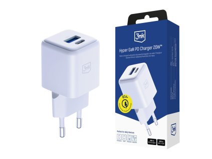 3mk - Wall Charger Hyper sieťová nabíjačka (USB-A + USB-C, GaN technológia, QC4 + PD, 20W) - biela