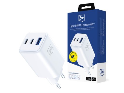 3mk - Wall Charger Hyper - USB-A/USB-C, GaN Technology, 65W, QX4+, Fireproof V0 Material - White
