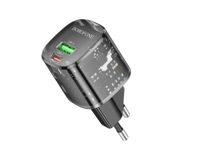 Borofone - Wall Charger Sunlight (BN17) - Dual Port, USB-C + USB-A, 5V/3A, PD20W, QC3.0 - Transparent/Black