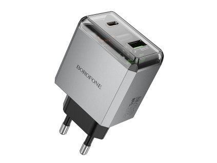 Borofone - Wall Charger Lena BN20 sieťová nabíjačka (dual port, USB-C + USB-A, PD35W, QC3.0, nehorľavý PC materiál, 5V/3A) - sivá Metal Gray
