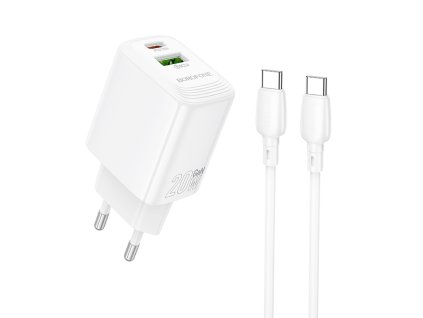 Borofone - Wall Charger Fuente BN27 sieťová nabíjačka (USB-C kábel v balení, USB + USB-C, PD20W, QC3.0, GaN technológia) - biela