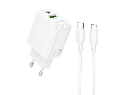 Borofone - Wall Charger Fuente BN29 sieťová nabíjačka (USB-C kábel v balení, USB + USB-C, PD30W, QC3.0, GaN technológia) - biela