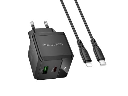 Borofone - Wall Charger Intenso BN19 sieťová nabíjačka (USB-C – Lightning kábel v balení, dual port, USB + USB-C, PD20W, QC3.0, 3A) - čierna