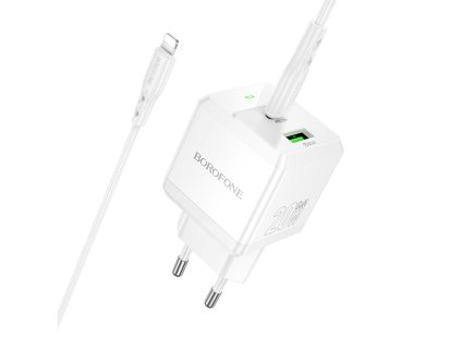 Borofone - Wall Charger Intenso BN19 sieťová nabíjačka (USB-C – Lightning kábel v balení, dual port, USB + USB-C, PD20W, QC3.0, 5V/3A) - biela
