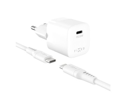 Fixed - Wall Charger Mini sieťová nabíjačka (GaN technológia, USB-C, PD3.0, 30W, kompaktný dizajn, USB-C kábel 1 m) - biela