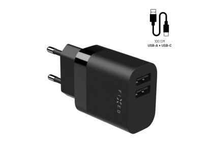 Fixed - Wall Charger sieťová nabíjačka (2× USB, kompaktný dizajn, 17W, USB-C kábel 1 m) - čierna