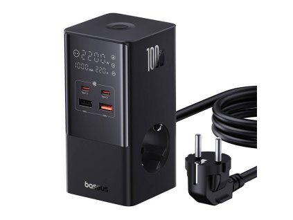 Baseus - Charging Station nabíjacia stanica s 2× USB, 2× USB-C a zásuvkou Schuko, LED displej, Fast Charge 100 W, 1,5 m – čierna