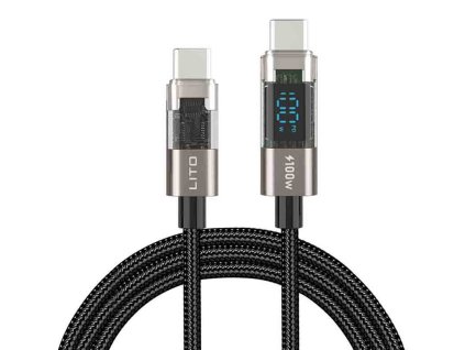 Lito - Data Cable dátový a nabíjací kábel USB-C na USB-C High Speed Charge 100 W, opletený, s LED displejom, 1,2 m – čierny