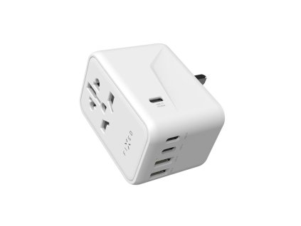 Fixed - Travel Adapter Voyager cestovný adaptér pre EU / UK / USA / AUS s 2× USB a 3× USB-C, GaN, PD 65 W, 10 A / 2500 W – biely