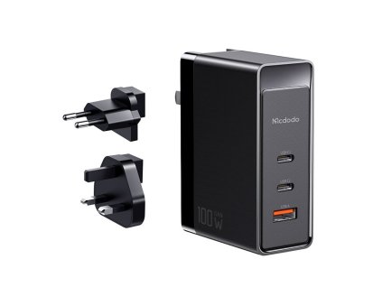 Mcdodo - Universal Travel Adapter Nuc AR Power Series univerzálny cestovný adaptér pre UK / US / EU s 2× USB-C a USB-A, 100 W, GaN – čierny