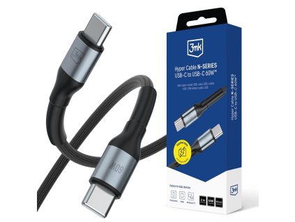 3mk - Data Cable Hyper N-Series dátový a nabíjací kábel USB-C na USB-C Fast Charge 60 W (20 V / 3 A), 2 m – čierny