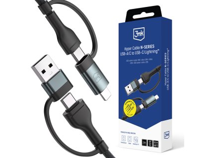 3mk - Data Cable Hyper N-Series univerzálny dátový a nabíjací kábel USB / USB-C na USB-C a Lightning Fast Charge 60 W (9 V / 2 A), 1,2 m – čierny
