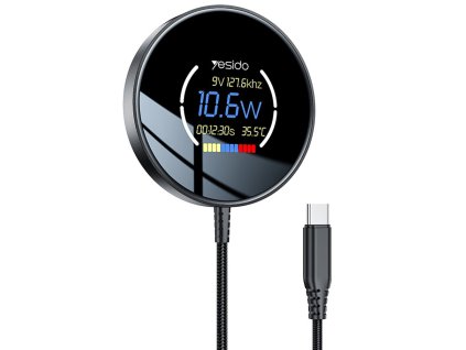 Yesido - Wireless Charging Station (DS28) magnetická bezdrôtová nabíjacia stanica s úchopom, digitálny displej, rýchle nabíjanie 15 W, USB-C kábel 1,2 m – čierna