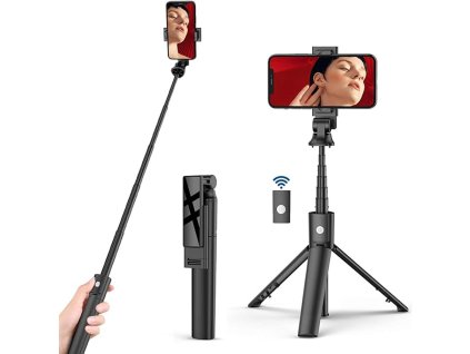 Techsuit - Selfie Stick (K22) selfie tyč s kompaktným statívom, Bluetooth diaľkové ovládanie, skladacia, 97 cm – čierna