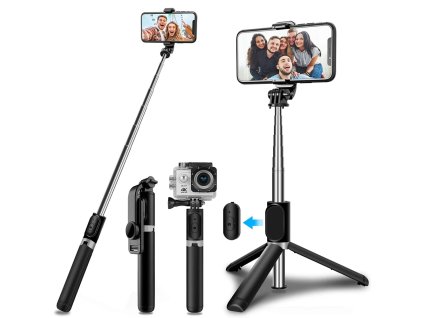 Techsuit - Selfie Stick (Q02) - Foldable Tripod with Bluetooth Remote Control, 360 Rotation, Stainless Steel, 103cm - Black