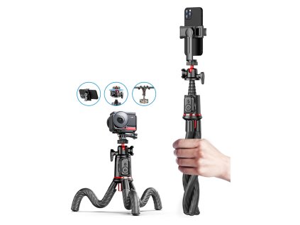 Techsuit - Selfie Stick (C03) selfie tyč so statívom, flexibilná teleskopická tyč, Bluetooth diaľkové ovládanie, 360° guľová hlava, 64 cm – čierna