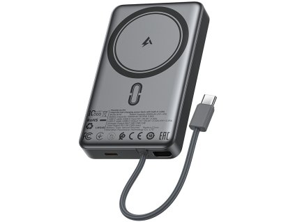 Acefast - Magnetic Wireless Power Bank (M18-10000) - with Built-in Cable, USB-C, 10000mAh, 38.5Wh, PD22.5W, LED Light - Black