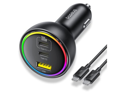 Baseus - Car Charger (C00036101111-00) - 2x USB-C, USB, 152.5W, Fast Charging, RGB Ambient Light, USB-C Cable - Cluster Black