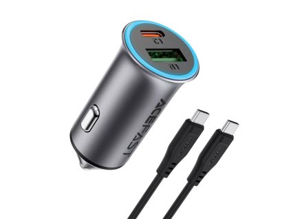 Acefast - Car Charger (B16) - Fast Charge, USB, Type-C, 95W, PD3.0, with Type-C Cable, 1.2m, Aluminium Alloy - Metal Gray