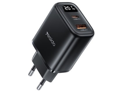Yesido - Wall Charger (YC68) - with Digital Display, Quick Charge, for Phone, Tablet, USB, Type-C, 20W - Black
