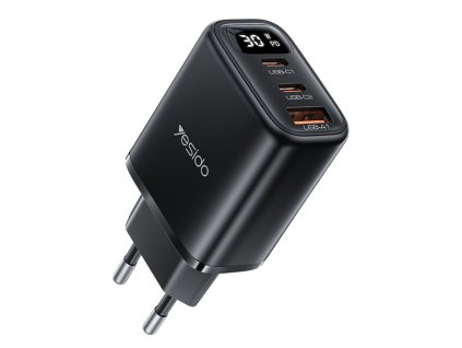 Yesido - Wall Charger (YC69) - with Digital Display, Fast Charge, for Phone, Tablet, Laptop, USB, 2x Type-C, 30W - Black