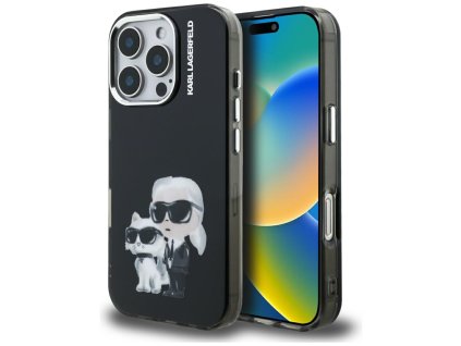 Karl Lagerfeld – IML Aquarelle Karl & Choupette pevné puzdro pre iPhone 16 Pro Max – čierne