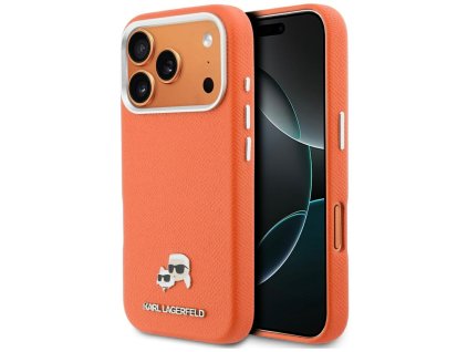 Karl Lagerfeld – Leather MagSafe K&C Head Pin kožené puzdro pre iPhone 17 Pro Max – oranžové