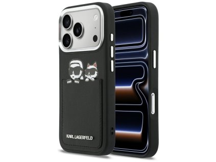 Karl Lagerfeld – Hardcase Leather K&C Print & Pocket kožené pevné puzdro s vreckom pre iPhone 17 Pro Max – čierne