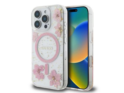 Guess - Hardcase Resin Flowers and Glitter MagSafe (GUHMP16LRBFGFGMP) - iPhone 16 Pro - Pink