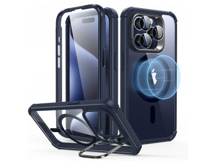 ESR Armor Tough Kickstand HaloLock kryt + ochrana obrazovky - iPhone 15 Pro - tmavo modrá