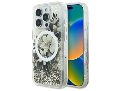 Guess trblietavý kryt s kvetom a MagSafe na iPhone 16 Pro (GUHMP16LLFMWTE) - béžový