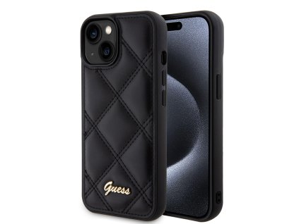 Guess Quilted Metal Logo (GUHCP15SPSQSQSK) – prešívaný ochranný kryt s kovovým logom pre iPhone 15 – čierny