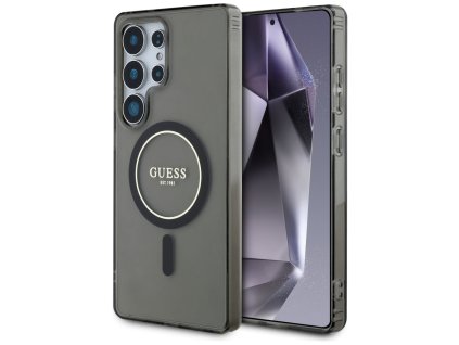 Guess IML Glitter Circle MagSafe (GUHMS25LHFGEREK) – ochranný kryt s trblietavým kruhovým motívom a MagSafe pre Samsung Galaxy S25 Ultra – čierny