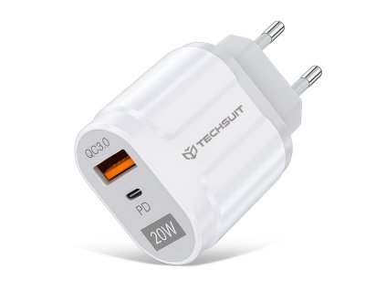 Techsuit CHPD038 Premium sieťová nabíjačka – USB-A QC3.0, USB-C, 20W – biela