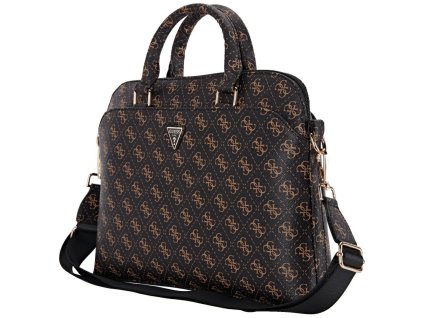 Guess – 4G Triangle Logo taška na notebook – 15", ekologická koža, zips, odnímateľný popruh, nastaviteľná – čierna/hnedá