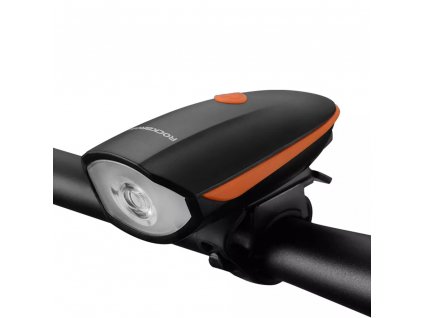 RockBros Predné LED svetlo T6 (7588-OR) - vodotesné s elektrickým klaksónom, nabíjateľná batéria 1200mAh, 250lm - oranžová