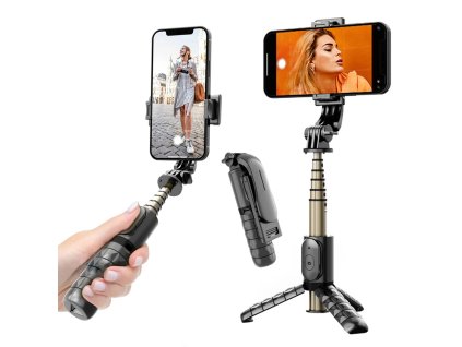 Techsuit – mini stabilizačná selfie tyč Gimbal so statívom, Bluetooth ovládaním, prídavným svetlom, 360° otáčanie, 68 cm – čierna